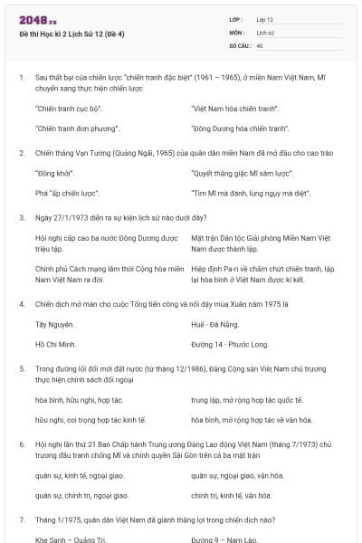 Đề thi Học kì 2 Lịch Sử 12 (Đề 4)