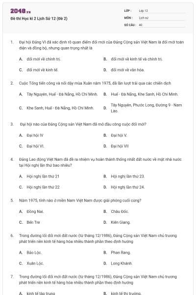 Đề thi Học kì 2 Lịch Sử 12 (Đề 2)