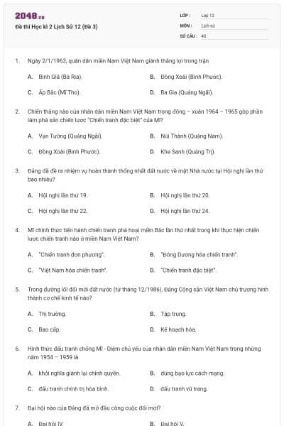 Đề thi Học kì 2 Lịch Sử 12 (Đề 3)