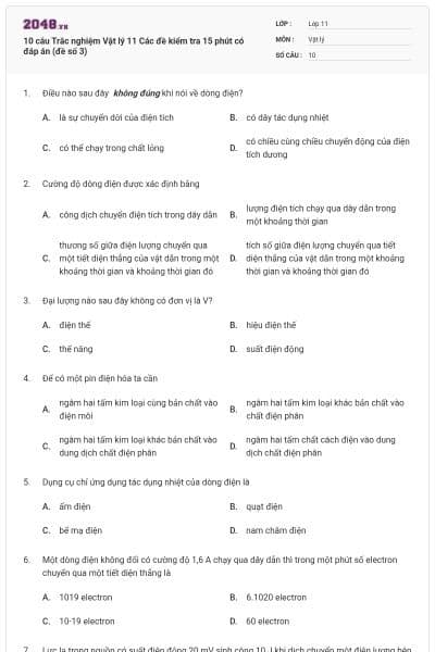 10 câu Trắc nghiệm Vật lý 11 Các đề kiểm tra 15 phút có đáp án (đề số 3)