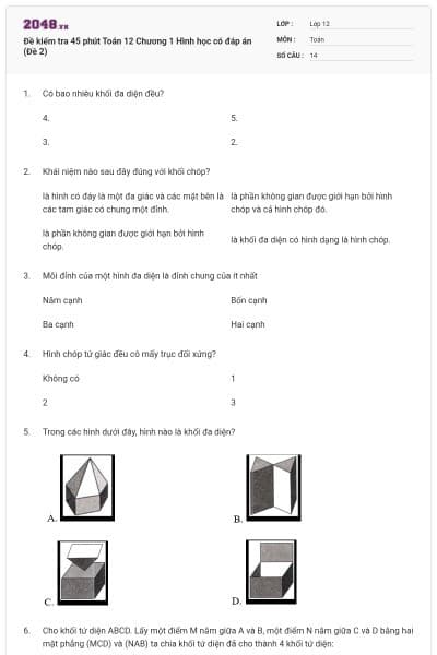 Đề kiểm tra 45 phút Toán 12 Chương 1 Hình học có đáp án (Đề 2)
