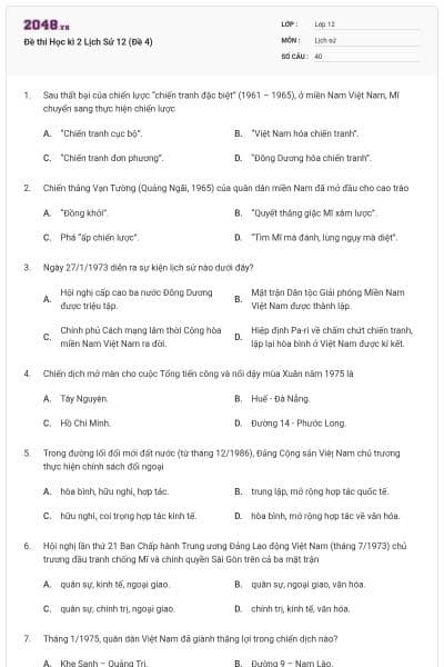 Đề thi Học kì 2 Lịch Sử 12 (Đề 4)