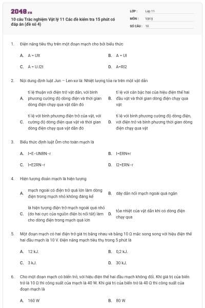 10 câu Trắc nghiệm Vật lý 11 Các đề kiểm tra 15 phút có đáp án (đề số 4)