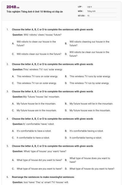 Trắc nghiệm Tiếng Anh 6 Unit 10 Writing có đáp án