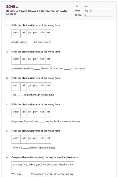 Đề kiểm tra 15 phút Tiếng Anh 7 Thí điểm Học kì 1 có đáp án (Đề 3)