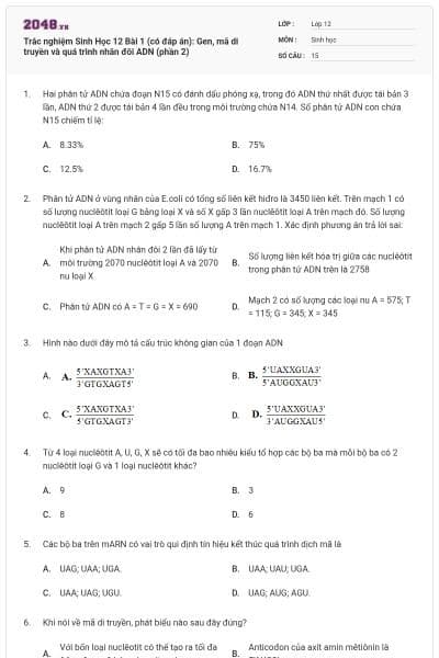 Trắc nghiệm Sinh Học 12 Bài 1 (có đáp án): Gen, mã di truyền và quá trình nhân đôi ADN (phần 2)