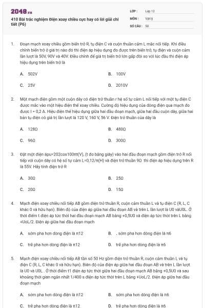 410 Bài trắc nghiệm Điện xoay chiều cực hay có lời giải chi tiết (P6)