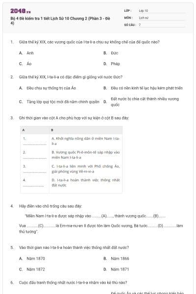 Bộ 4  Đề kiểm tra 1 tiết Lịch Sử 10 Chương 2 (Phần 3 - Đề 4)