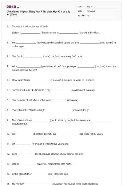 Đề kiểm tra 15 phút Tiếng Anh 7 Thí điểm Học kì 1 có đáp án (Đề 4)