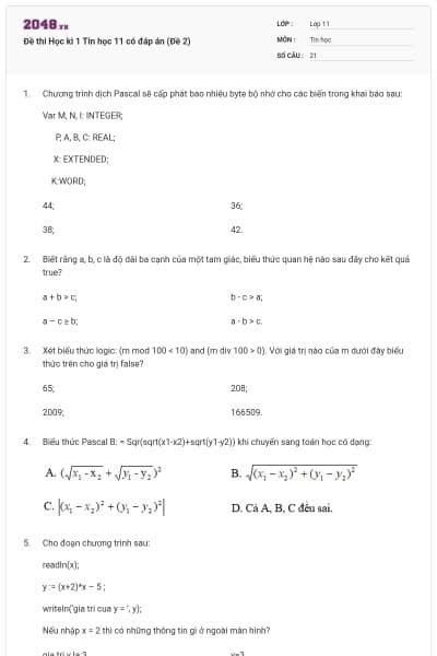 Đề thi Học kì 1 Tin học 11 có đáp án (Đề 2)