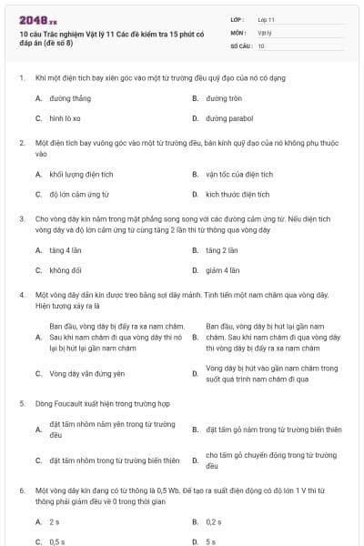10 câu Trắc nghiệm Vật lý 11 Các đề kiểm tra 15 phút có đáp án (đề số 8)