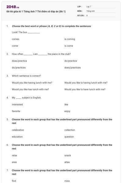 Đề thi giữa kì 1 Tiếng Anh 7 Thí điểm có đáp án (Đề 1)