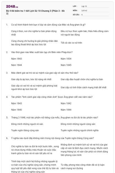 Bộ 4  Đề kiểm tra 1 tiết Lịch Sử 10 Chương 3 (Phần 3 - Đề 3)
