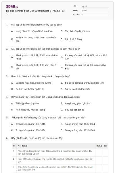 Bộ 4  Đề kiểm tra 1 tiết Lịch Sử 10 Chương 3 (Phần 3 - Đề 1)