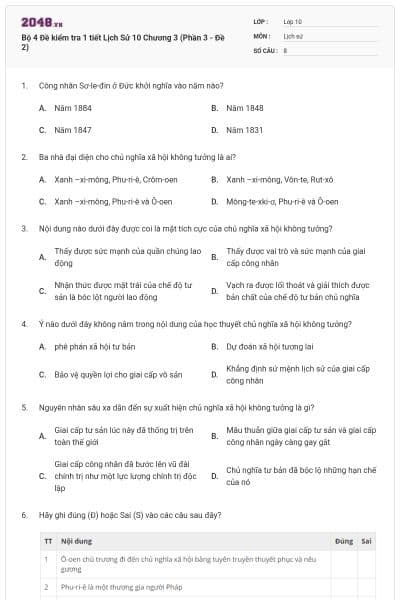 Bộ 4  Đề kiểm tra 1 tiết Lịch Sử 10 Chương 3 (Phần 3 - Đề 2)