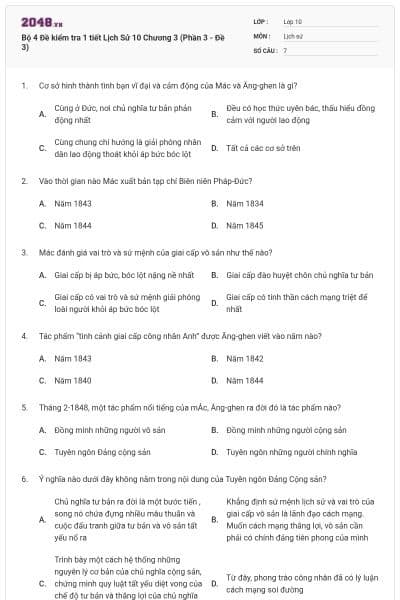 Bộ 4  Đề kiểm tra 1 tiết Lịch Sử 10 Chương 3 (Phần 3 - Đề 3)