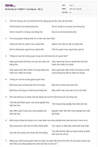 Đề thi Học kì 1 GDCD 11 (có đáp án - Đề 1)