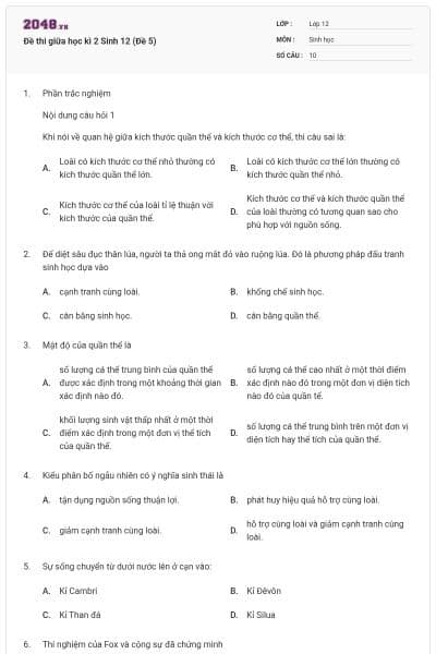 Đề thi giữa học kì 2 Sinh 12 (Đề 5)