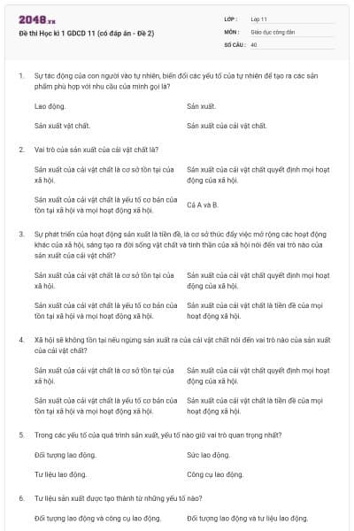Đề thi Học kì 1 GDCD 11 (có đáp án - Đề 2)