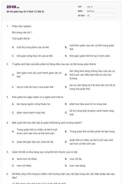 Đề thi giữa học kì 2 Sinh 12 (Đề 6)