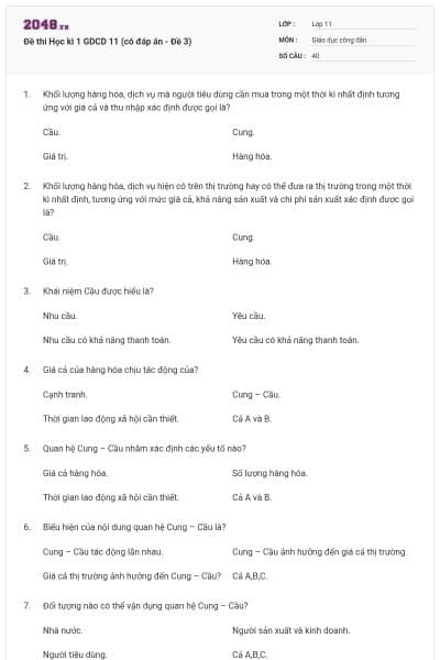 Đề thi Học kì 1 GDCD 11 (có đáp án - Đề 3)