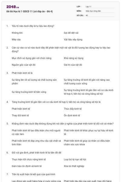 Đề thi Học kì 1 GDCD 11 (có đáp án - Đề 4)