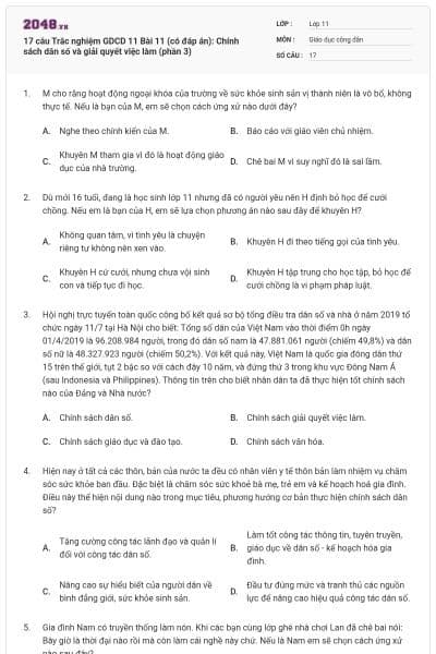 17 câu Trắc nghiệm GDCD 11 Bài 11 (có đáp án): Chính sách dân số và giải quyết việc làm (phần 3)