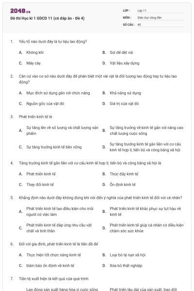 Đề thi Học kì 1 GDCD 11 (có đáp án - Đề 4)