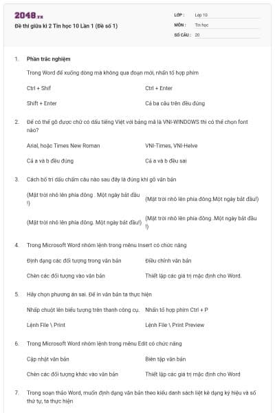 Đề thi giữa kì 2 Tin học 10 Lần 1 (Đề số 1)