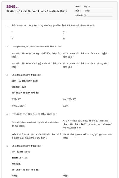 Đề kiểm tra 15 phút Tin học 11 Học kì 2 có đáp án (Đề 1)