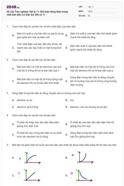 30 câu Trắc nghiệm Vật lý 11: Bài toán dòng điện trong chất bán dẫn (có đáp án) (Đề số 1)