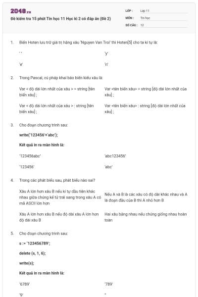 Đề kiểm tra 15 phút Tin học 11 Học kì 2 có đáp án (Đề 2)
