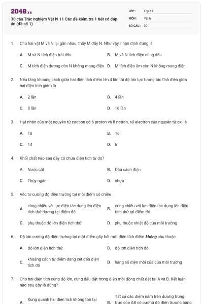 30 câu Trắc nghiệm Vật lý 11 Các đề kiểm tra 1 tiết có đáp án (đề số 1)