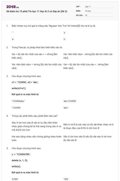 Đề kiểm tra 15 phút Tin học 11 Học kì 2 có đáp án (Đề 3)