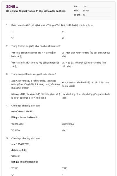 Đề kiểm tra 15 phút Tin học 11 Học kì 2 có đáp án (Đề 3)