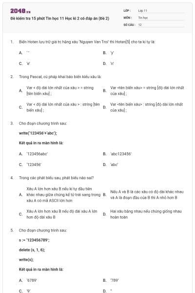 Đề kiểm tra 15 phút Tin học 11 Học kì 2 có đáp án (Đề 2)