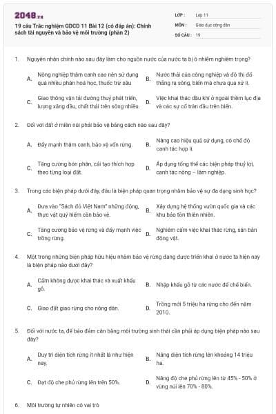 19 câu Trắc nghiệm GDCD 11 Bài 12 (có đáp án): Chính sách tài nguyên và bảo vệ môi trường (phần 2)