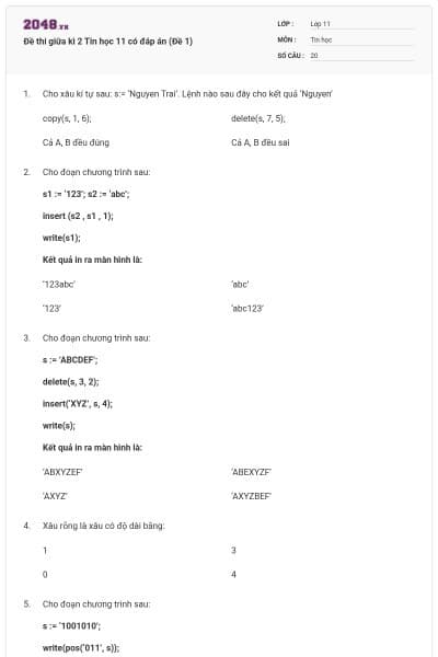Đề thi giữa kì 2 Tin học 11 có đáp án (Đề 1)