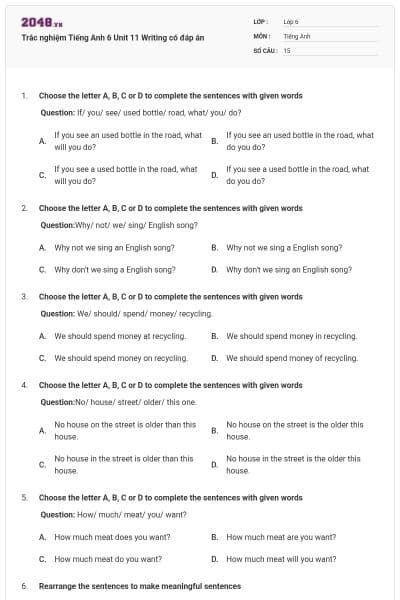 Trắc nghiệm Tiếng Anh 6 Unit 11 Writing có đáp án