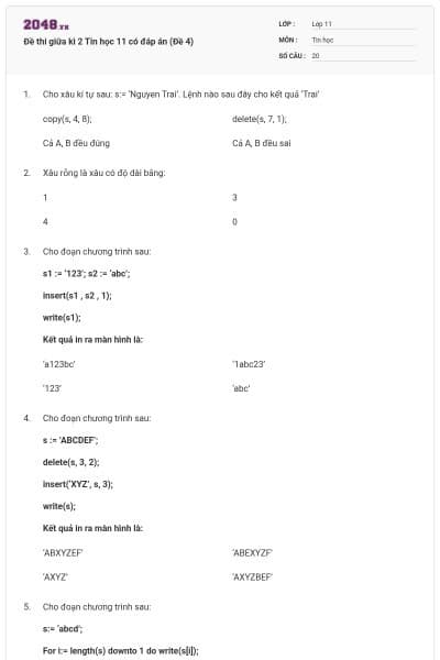 Đề thi giữa kì 2 Tin học 11 có đáp án (Đề 4)