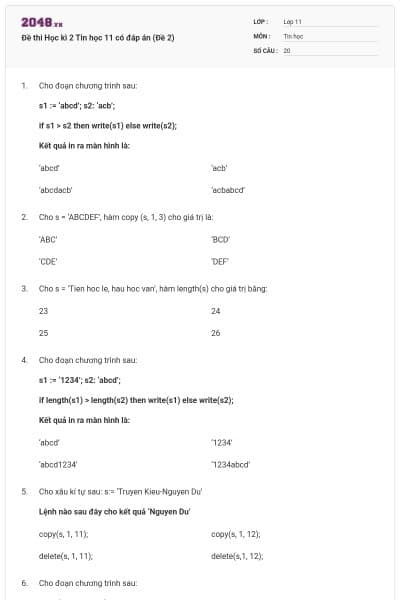 Đề thi Học kì 2 Tin học 11 có đáp án (Đề 2)