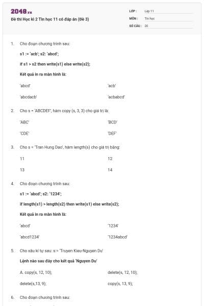 Đề thi Học kì 2 Tin học 11 có đáp án (Đề 3)
