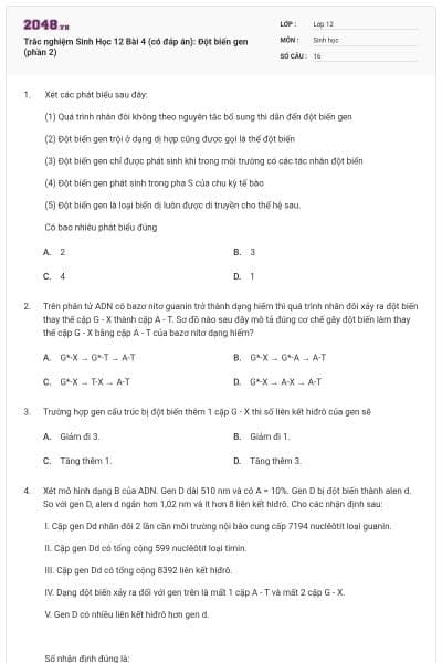 Trắc nghiệm Sinh Học 12 Bài 4 (có đáp án): Đột biến gen (phần 2)
