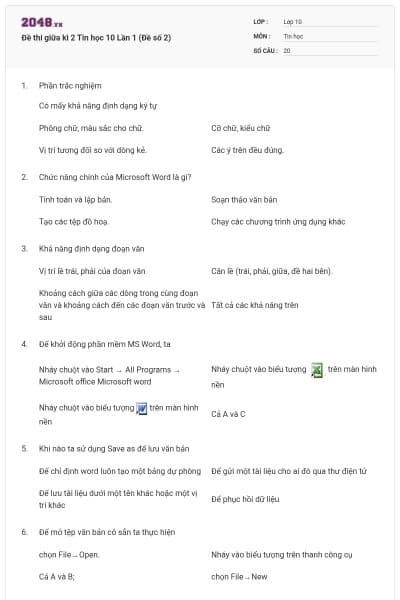 Đề thi giữa kì 2 Tin học 10 Lần 1 (Đề số 2)