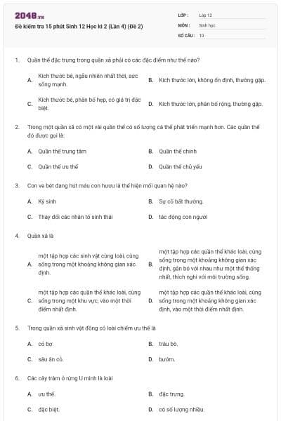 Đề kiểm tra 15 phút Sinh 12 Học kì 2 (Lần 4) (Đề 2)