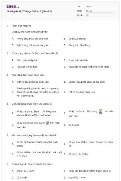Đề thi giữa kì 2 Tin học 10 Lần 1 (Đề số 2)