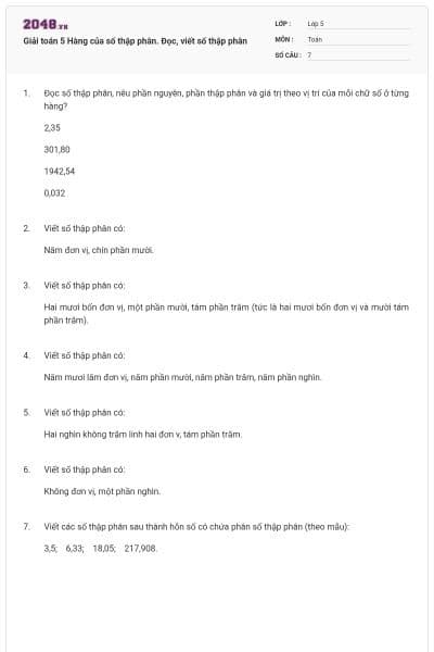 Giải toán 5 Hàng của số thập phân. Đọc, viết số thập phân