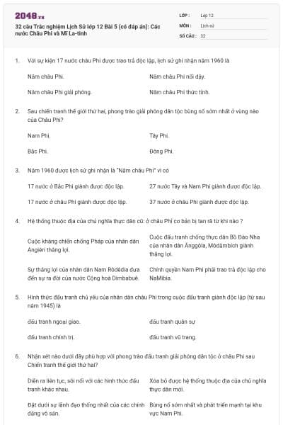 32 câu Trắc nghiệm Lịch Sử lớp 12 Bài 5 (có đáp án): Các nước Châu Phi và Mĩ La-tinh
