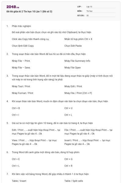 Đề thi giữa kì 2 Tin học 10 Lần 1 (Đề số 3)