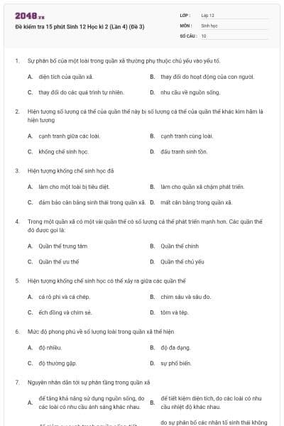 Đề kiểm tra 15 phút Sinh 12 Học kì 2 (Lần 4) (Đề 3)